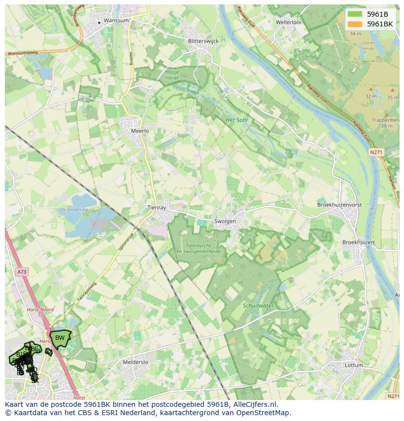 Afbeelding van het postcodegebied 5961 BK op de kaart.