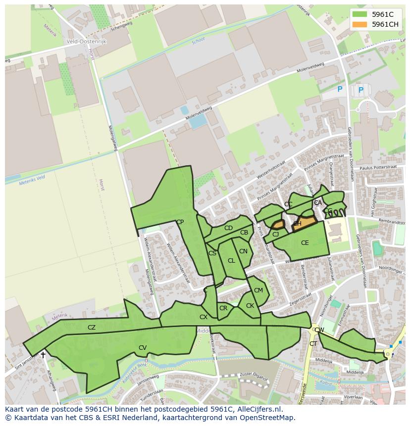 Afbeelding van het postcodegebied 5961 CH op de kaart.