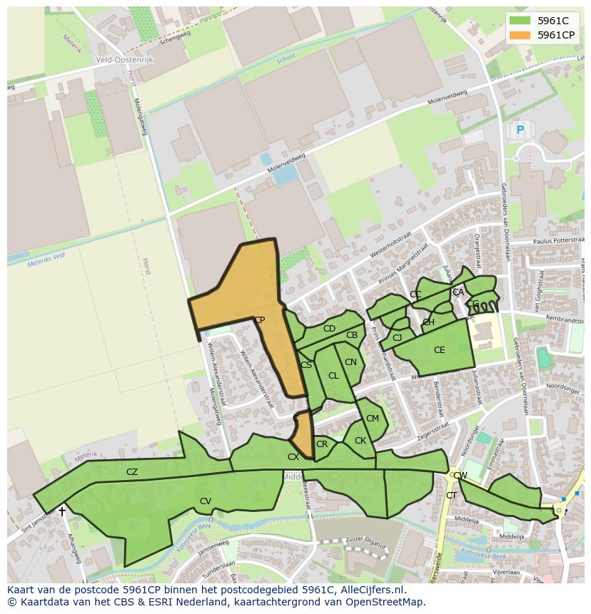Afbeelding van het postcodegebied 5961 CP op de kaart.
