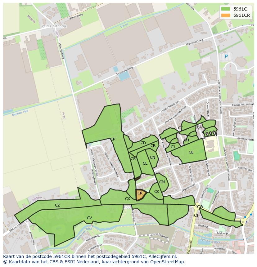Afbeelding van het postcodegebied 5961 CR op de kaart.
