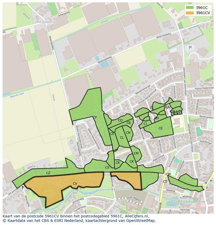 Afbeelding van het postcodegebied 5961 CV op de kaart.