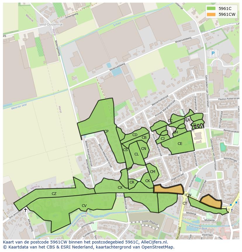 Afbeelding van het postcodegebied 5961 CW op de kaart.