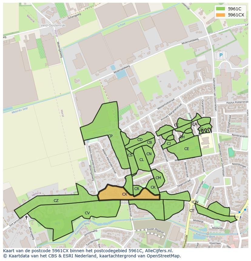 Afbeelding van het postcodegebied 5961 CX op de kaart.