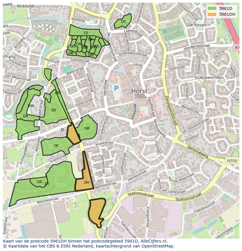 Afbeelding van het postcodegebied 5961 DH op de kaart.