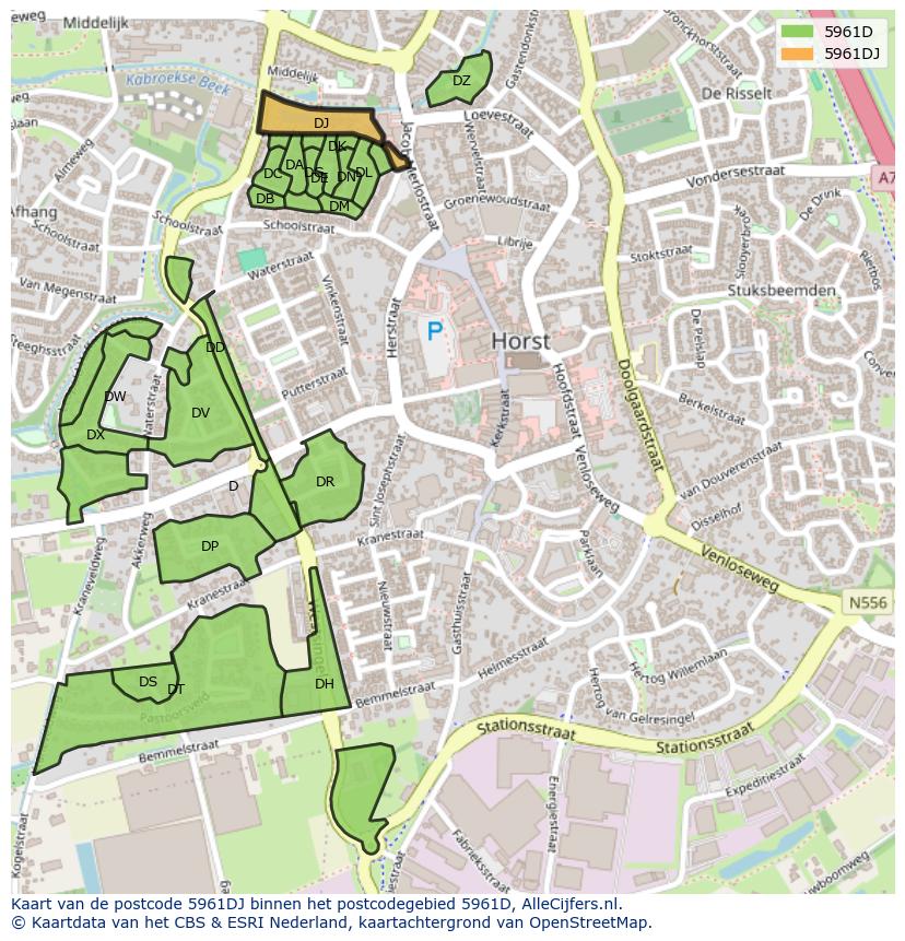 Afbeelding van het postcodegebied 5961 DJ op de kaart.