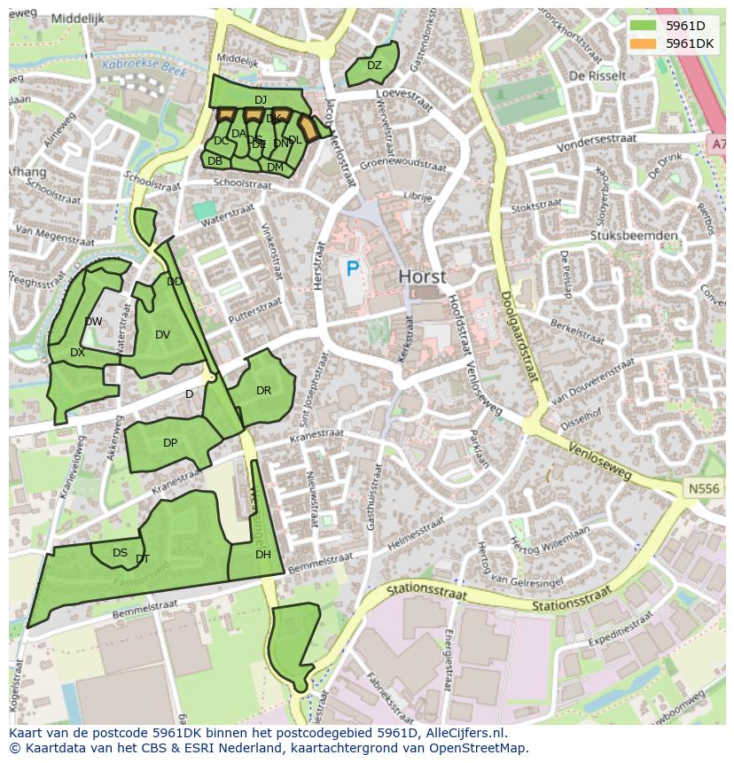 Afbeelding van het postcodegebied 5961 DK op de kaart.