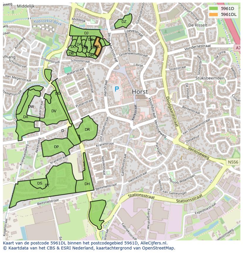 Afbeelding van het postcodegebied 5961 DL op de kaart.