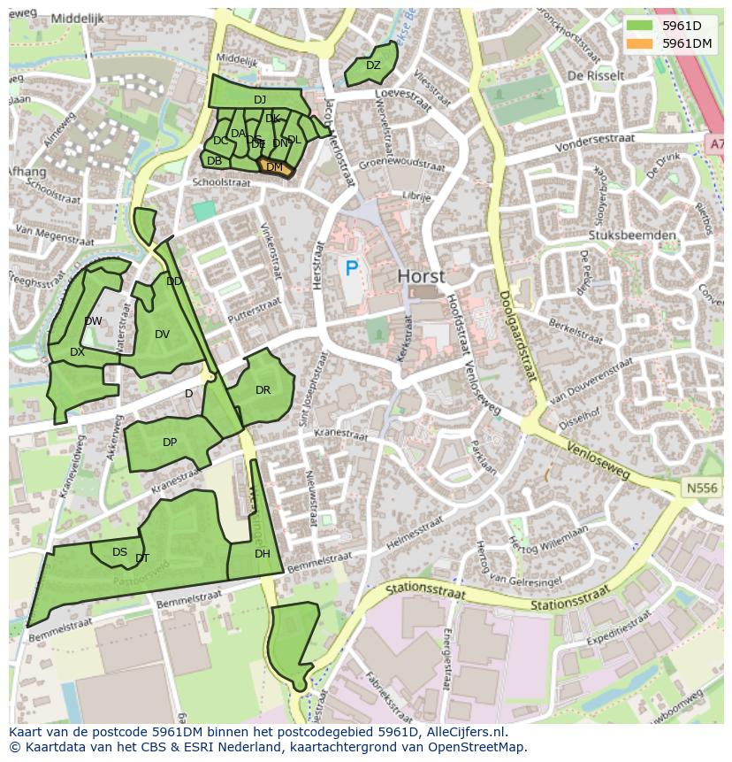 Afbeelding van het postcodegebied 5961 DM op de kaart.
