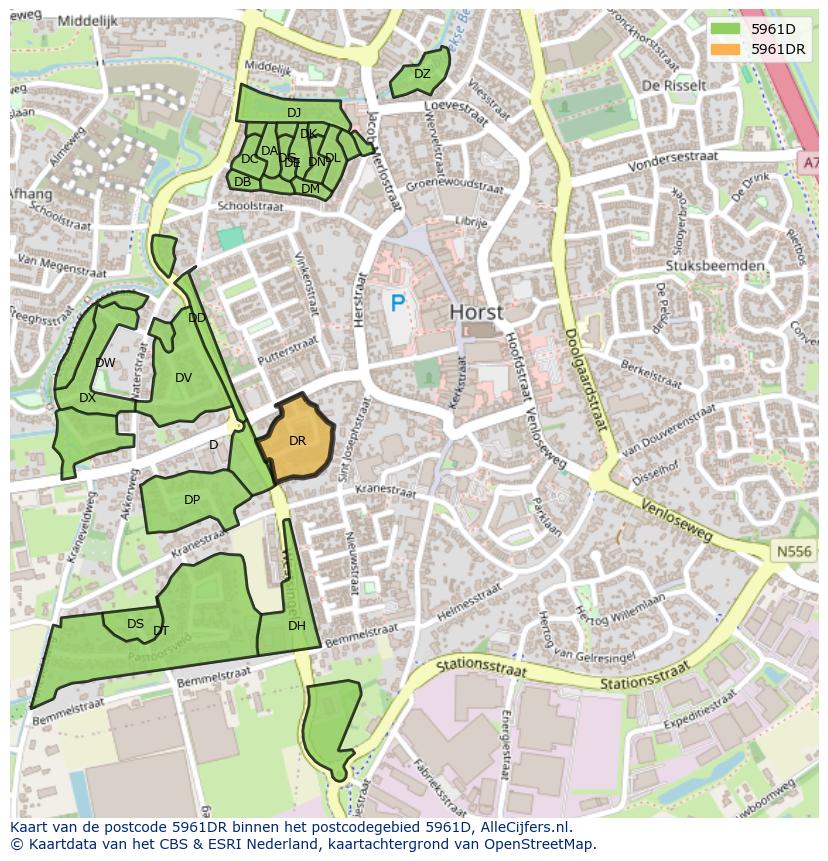 Afbeelding van het postcodegebied 5961 DR op de kaart.