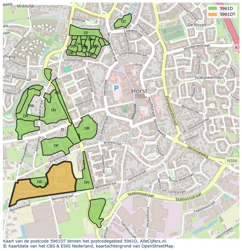 Afbeelding van het postcodegebied 5961 DT op de kaart.