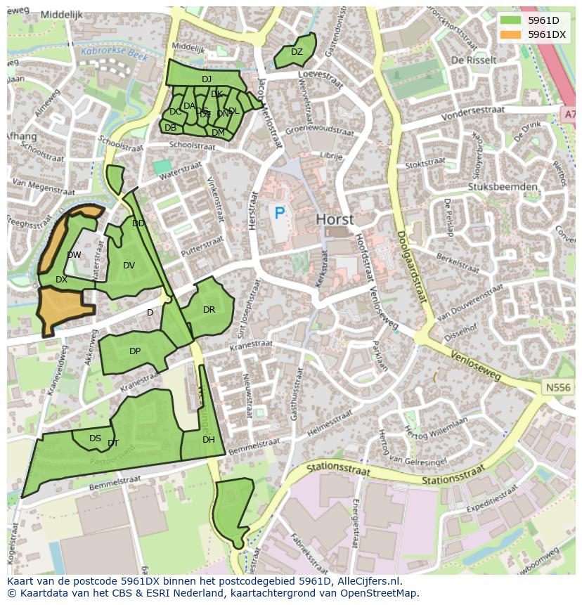 Afbeelding van het postcodegebied 5961 DX op de kaart.
