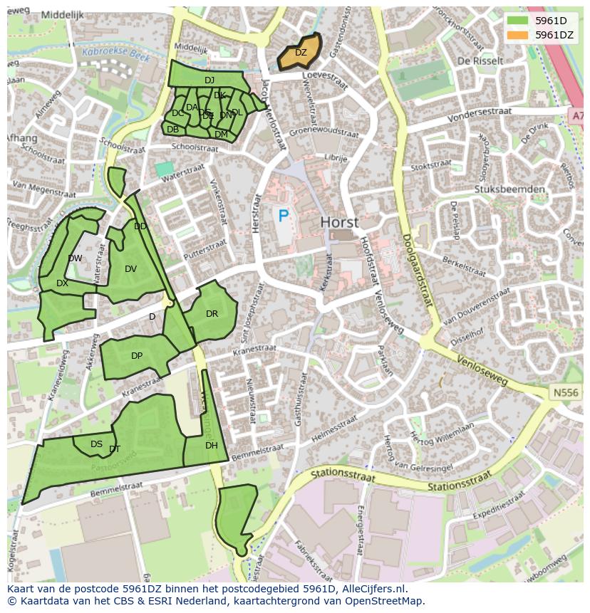 Afbeelding van het postcodegebied 5961 DZ op de kaart.