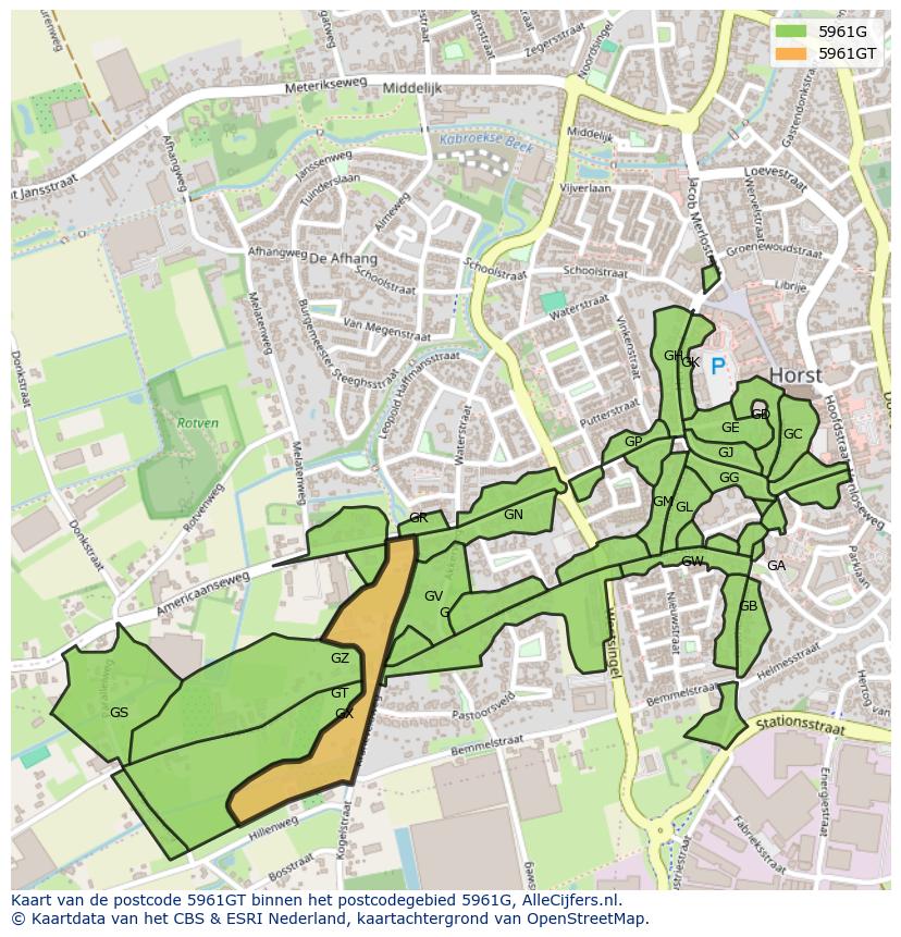 Afbeelding van het postcodegebied 5961 GT op de kaart.