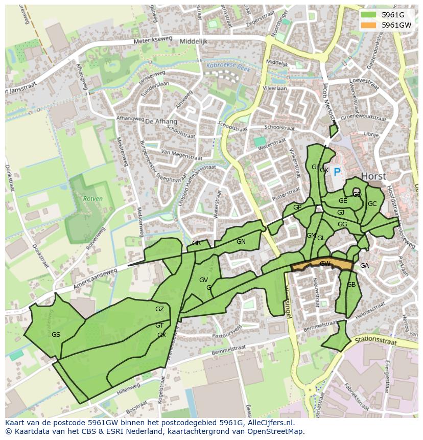 Afbeelding van het postcodegebied 5961 GW op de kaart.
