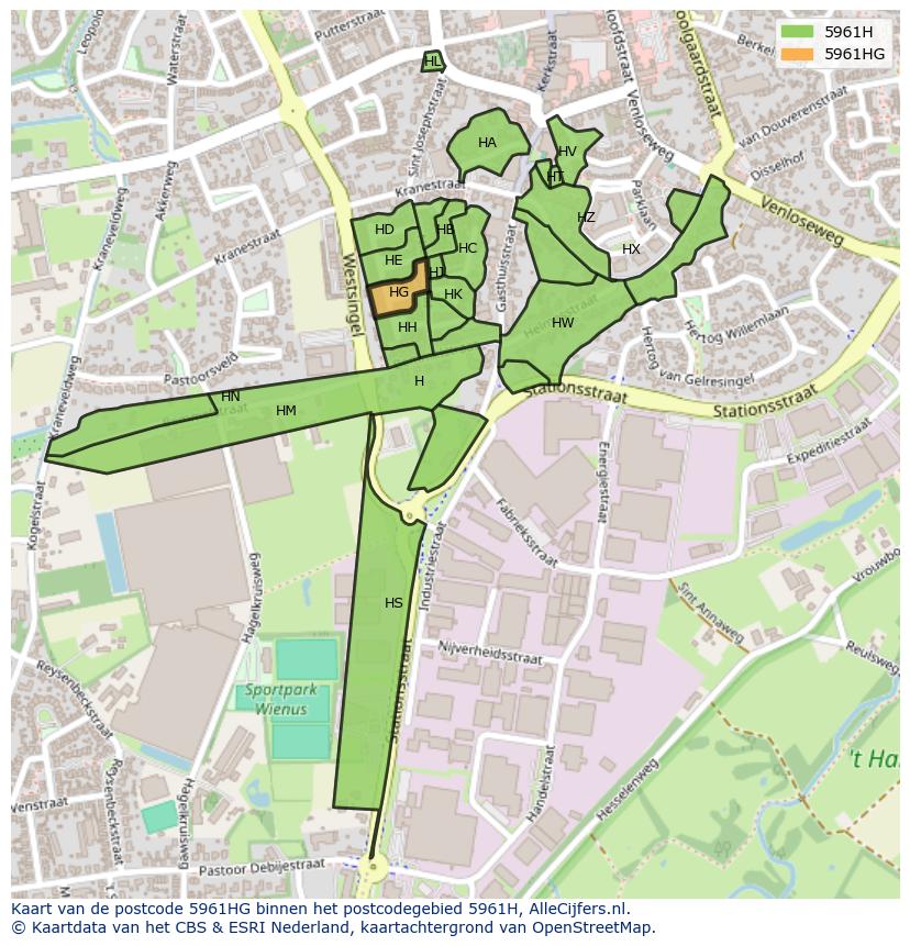 Afbeelding van het postcodegebied 5961 HG op de kaart.