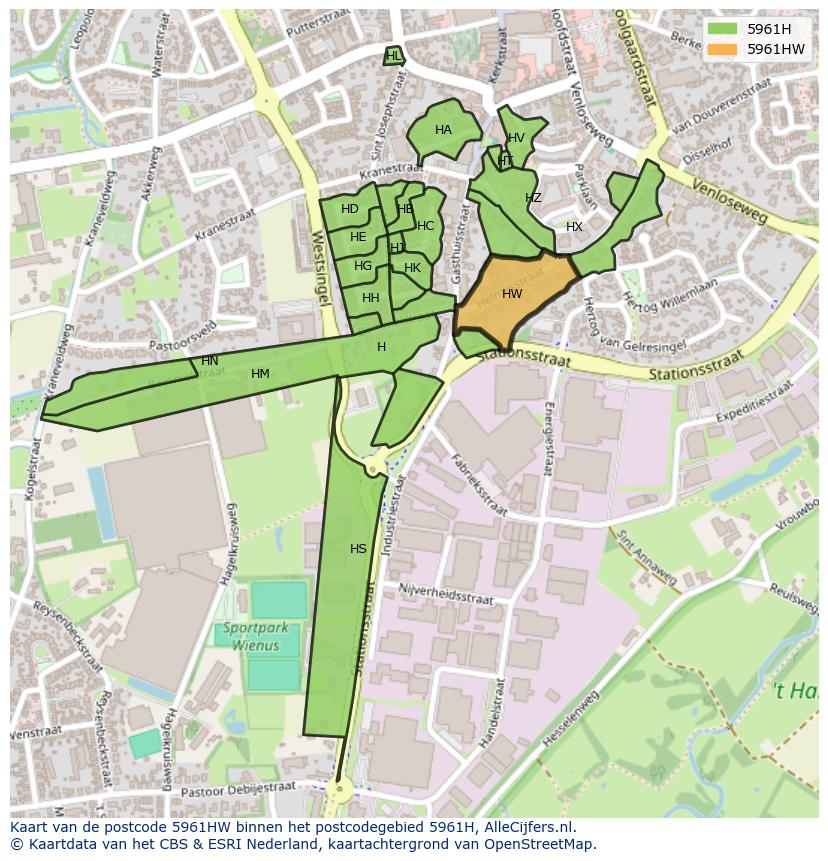 Afbeelding van het postcodegebied 5961 HW op de kaart.