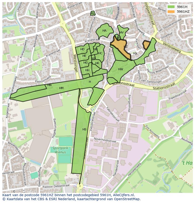 Afbeelding van het postcodegebied 5961 HZ op de kaart.