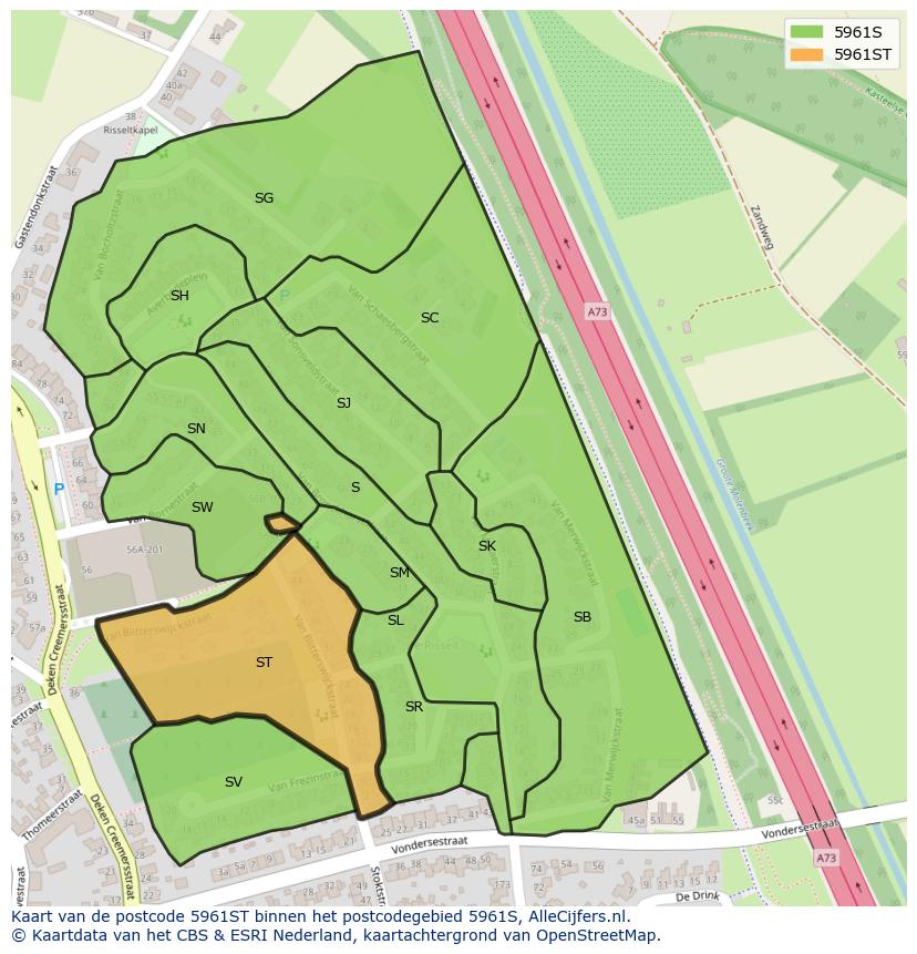 Afbeelding van het postcodegebied 5961 ST op de kaart.