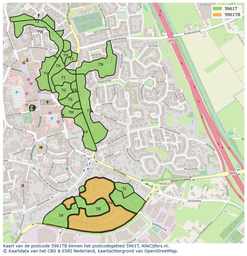 Afbeelding van het postcodegebied 5961 TB op de kaart.