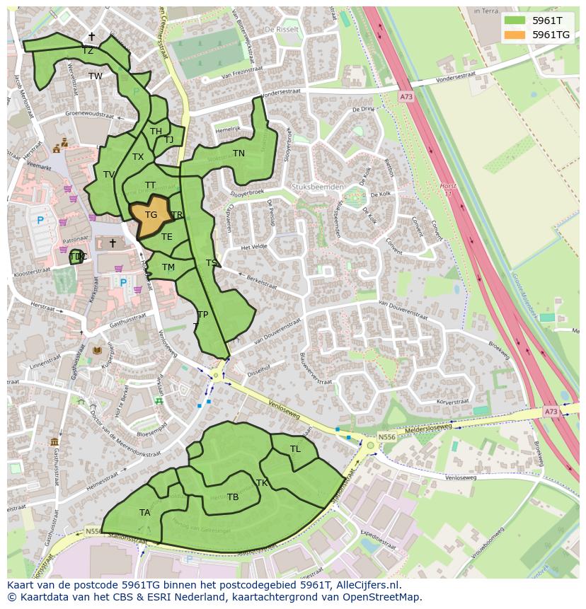 Afbeelding van het postcodegebied 5961 TG op de kaart.