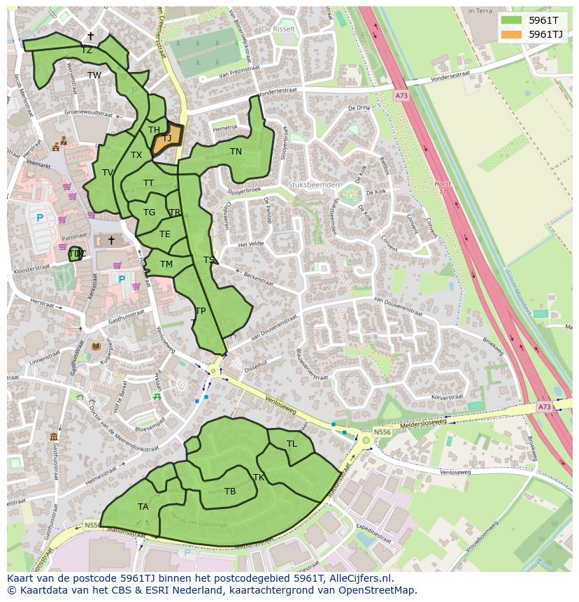 Afbeelding van het postcodegebied 5961 TJ op de kaart.