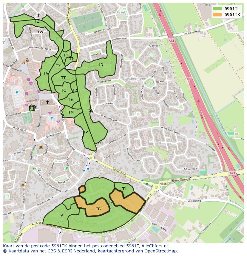 Afbeelding van het postcodegebied 5961 TK op de kaart.