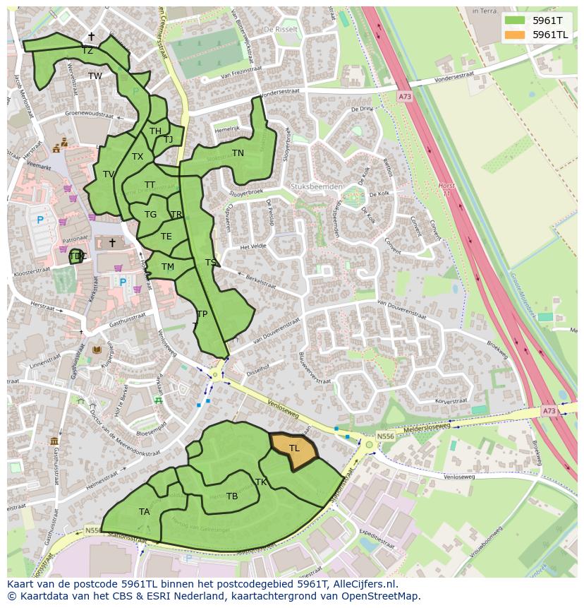Afbeelding van het postcodegebied 5961 TL op de kaart.