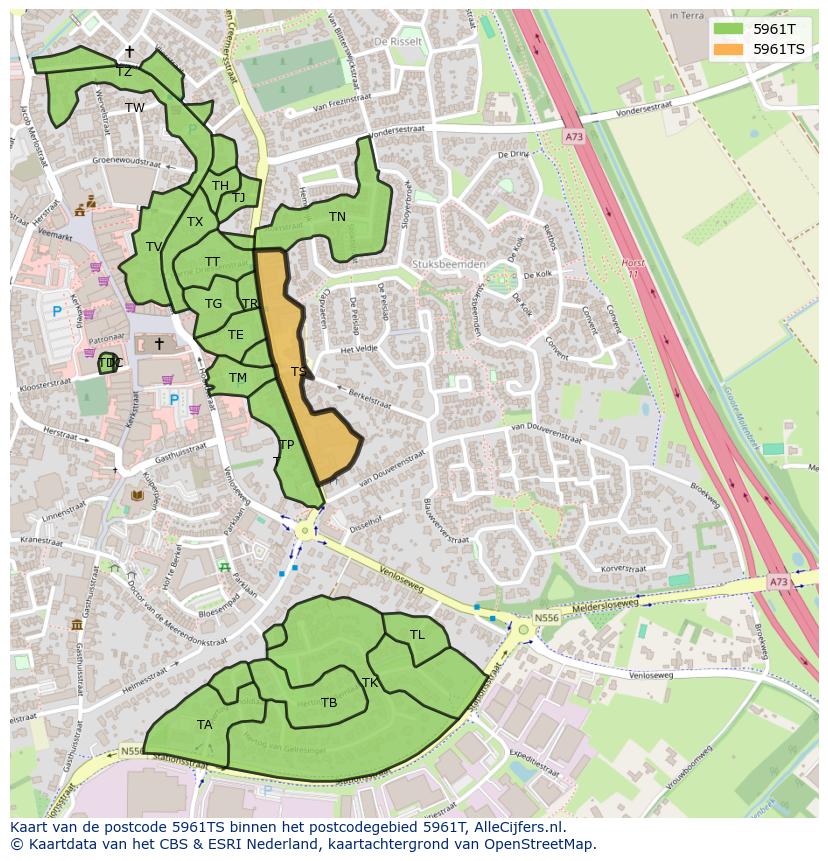 Afbeelding van het postcodegebied 5961 TS op de kaart.