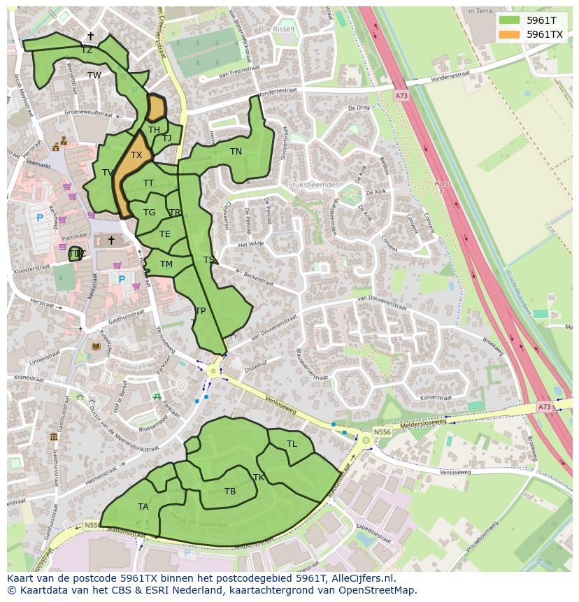 Afbeelding van het postcodegebied 5961 TX op de kaart.