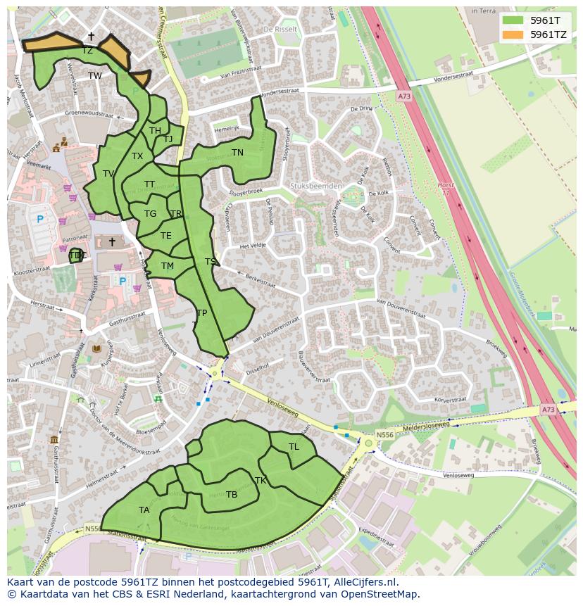 Afbeelding van het postcodegebied 5961 TZ op de kaart.