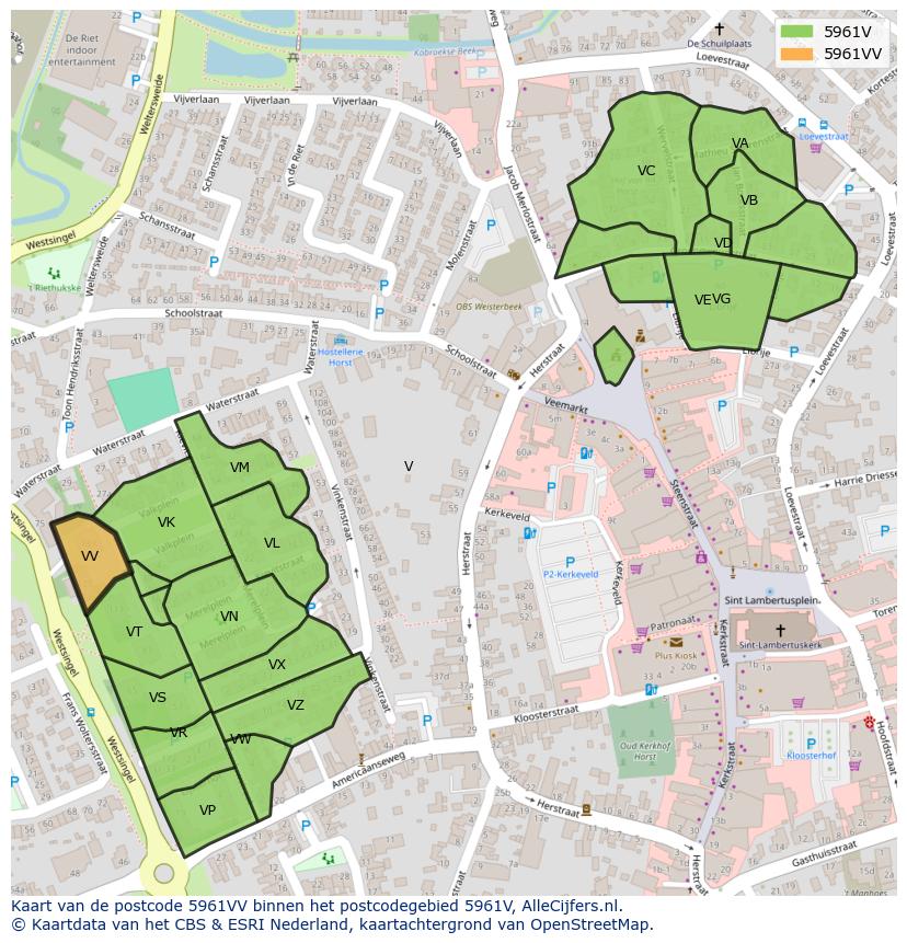 Afbeelding van het postcodegebied 5961 VV op de kaart.