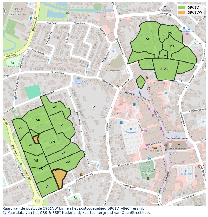 Afbeelding van het postcodegebied 5961 VW op de kaart.