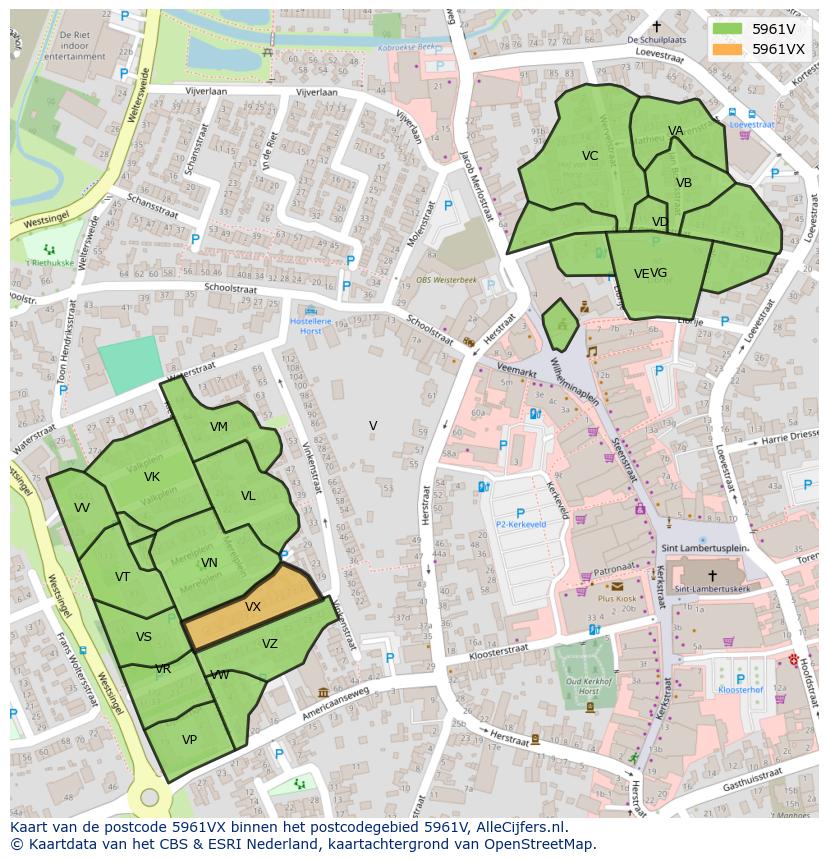 Afbeelding van het postcodegebied 5961 VX op de kaart.