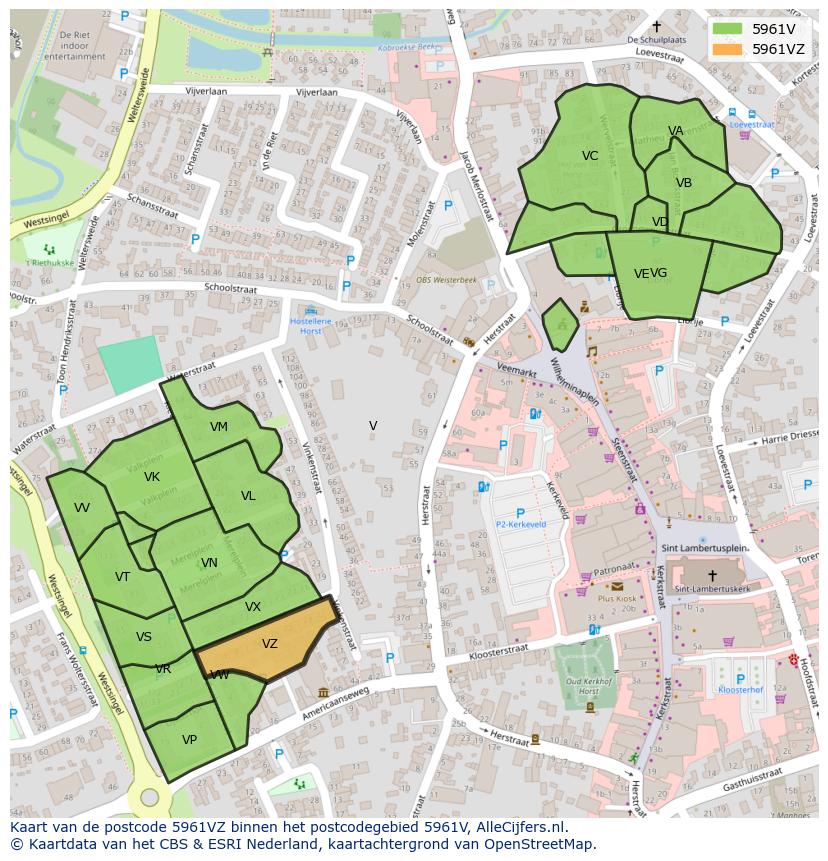 Afbeelding van het postcodegebied 5961 VZ op de kaart.