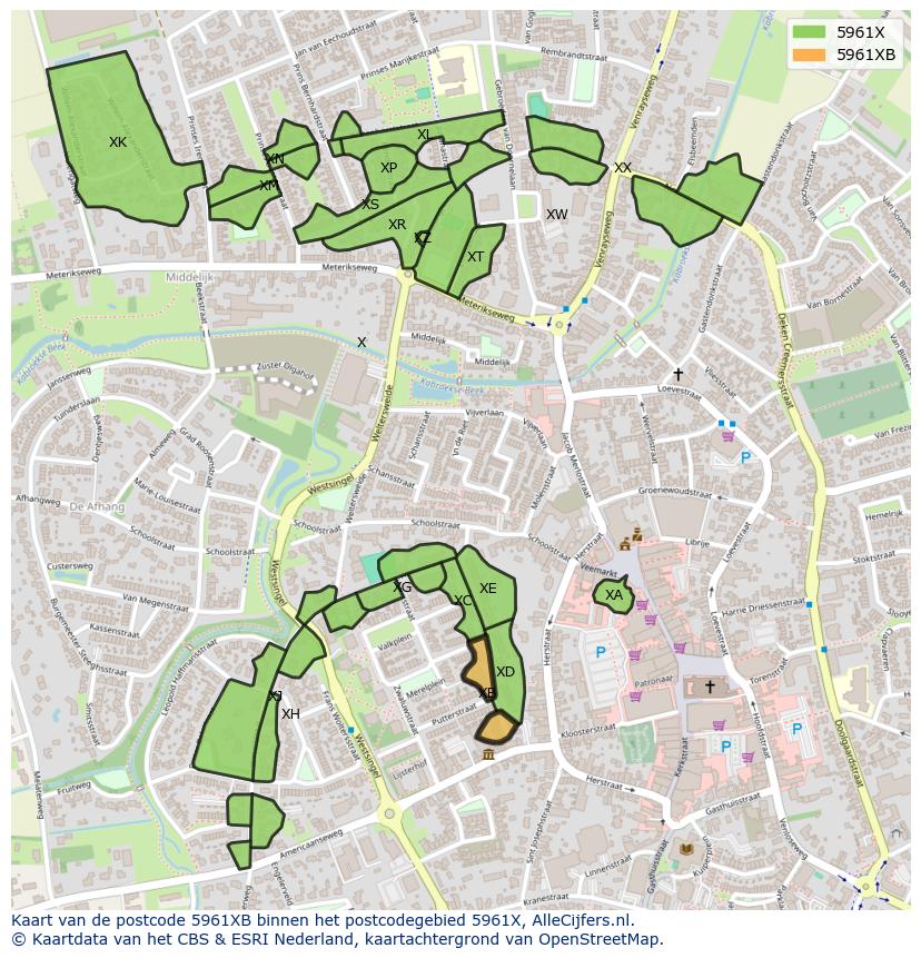 Afbeelding van het postcodegebied 5961 XB op de kaart.