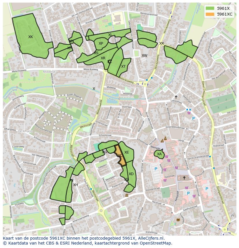 Afbeelding van het postcodegebied 5961 XC op de kaart.