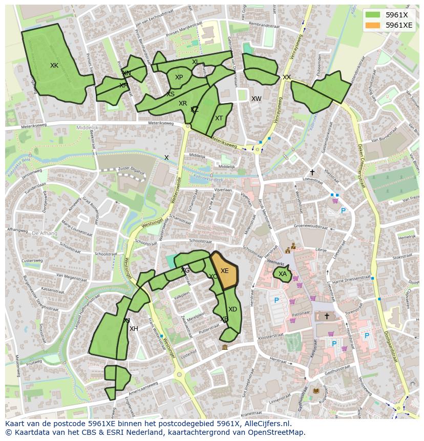 Afbeelding van het postcodegebied 5961 XE op de kaart.