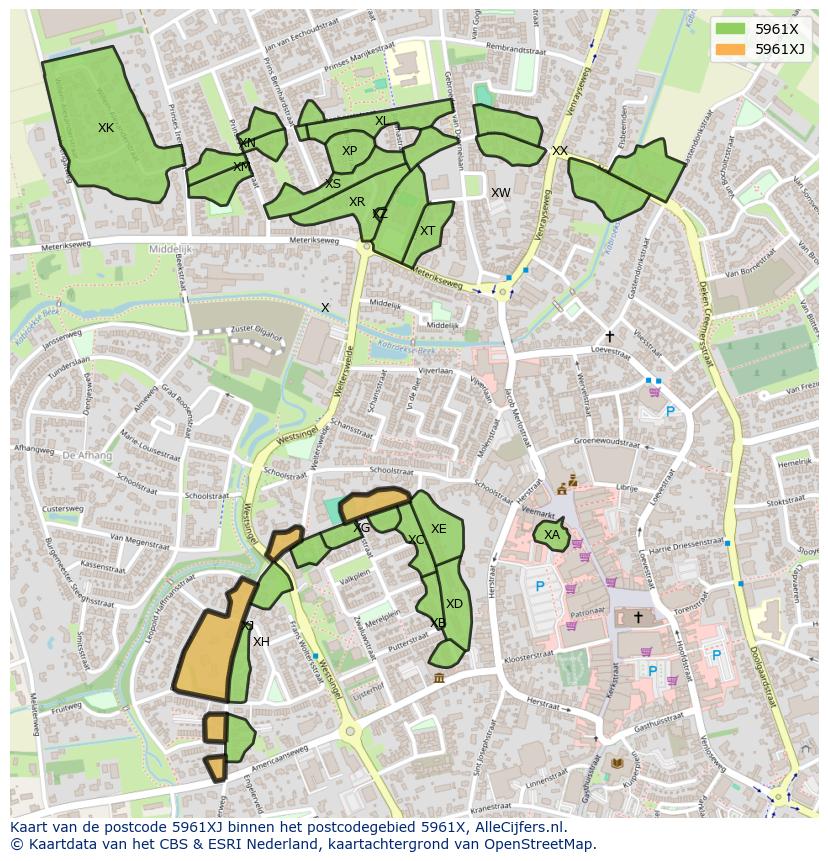 Afbeelding van het postcodegebied 5961 XJ op de kaart.