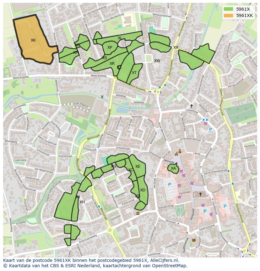 Afbeelding van het postcodegebied 5961 XK op de kaart.
