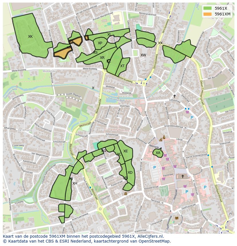 Afbeelding van het postcodegebied 5961 XM op de kaart.