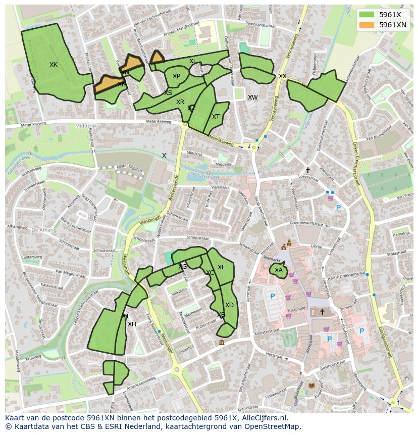 Afbeelding van het postcodegebied 5961 XN op de kaart.