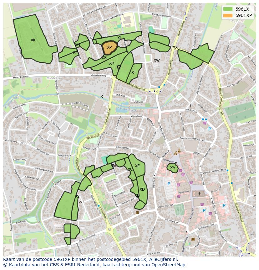 Afbeelding van het postcodegebied 5961 XP op de kaart.