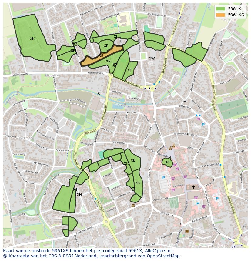 Afbeelding van het postcodegebied 5961 XS op de kaart.