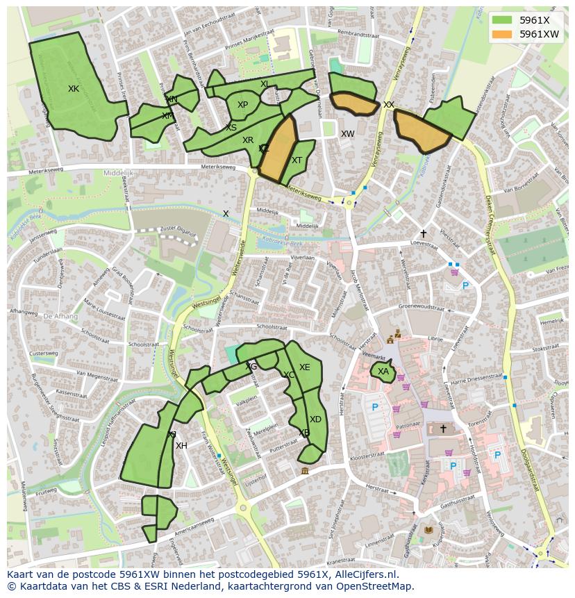 Afbeelding van het postcodegebied 5961 XW op de kaart.