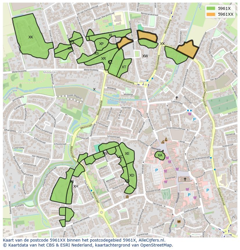Afbeelding van het postcodegebied 5961 XX op de kaart.