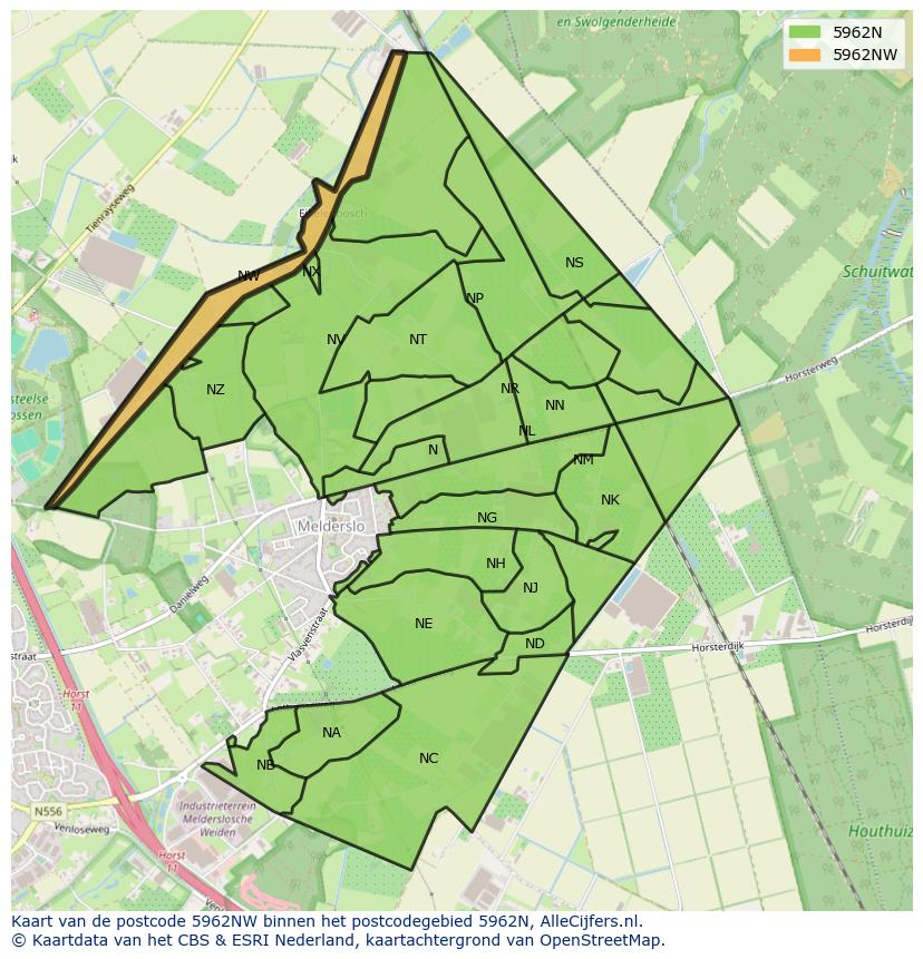 Afbeelding van het postcodegebied 5962 NW op de kaart.