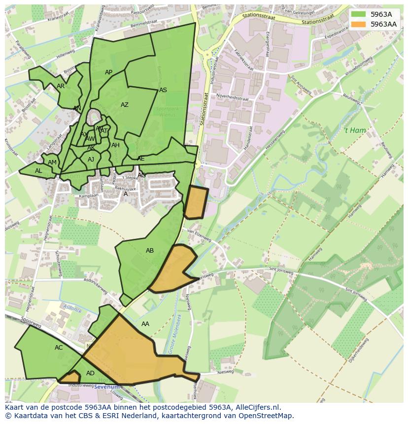 Afbeelding van het postcodegebied 5963 AA op de kaart.