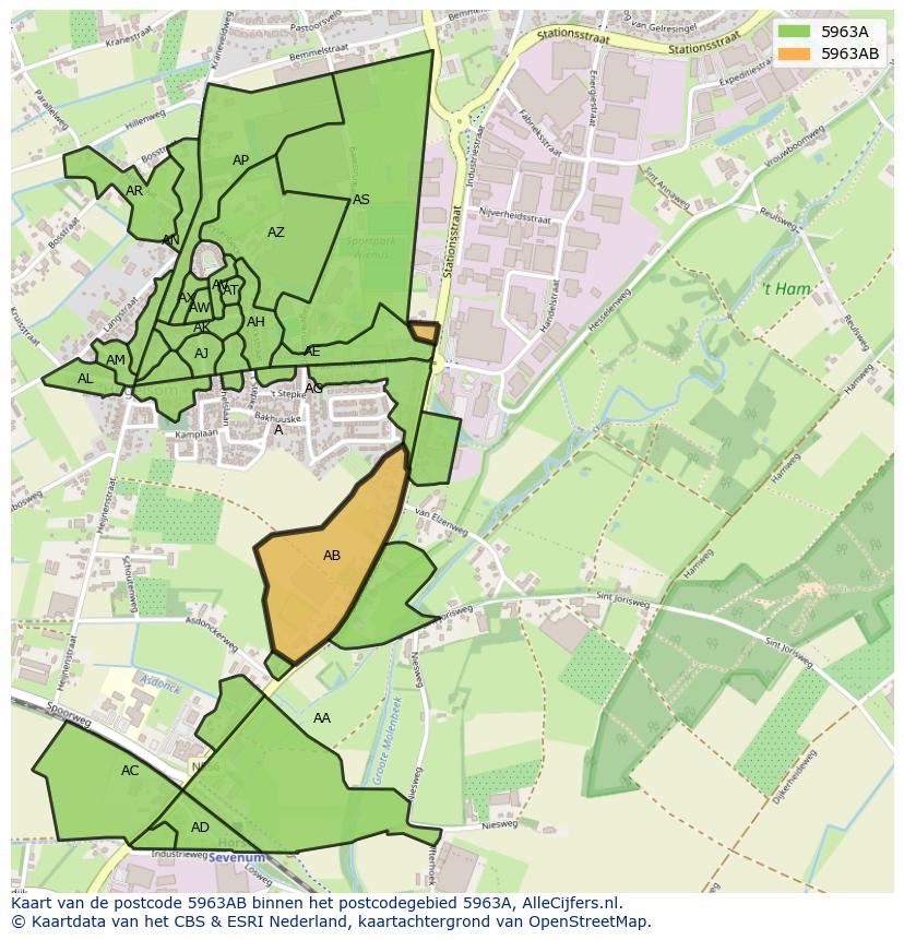 Afbeelding van het postcodegebied 5963 AB op de kaart.