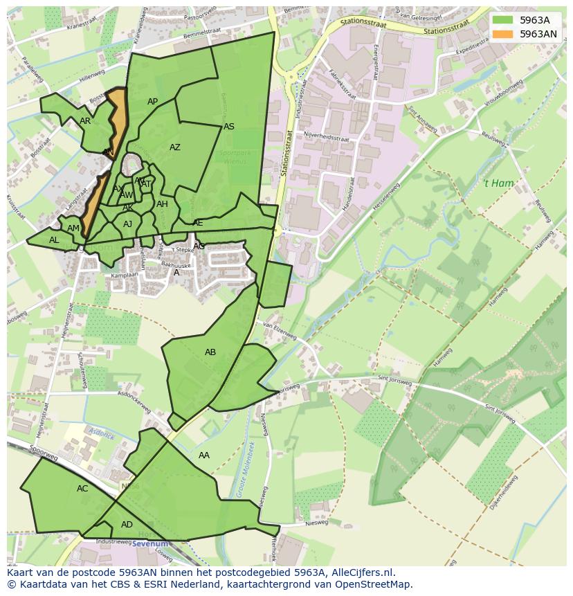 Afbeelding van het postcodegebied 5963 AN op de kaart.