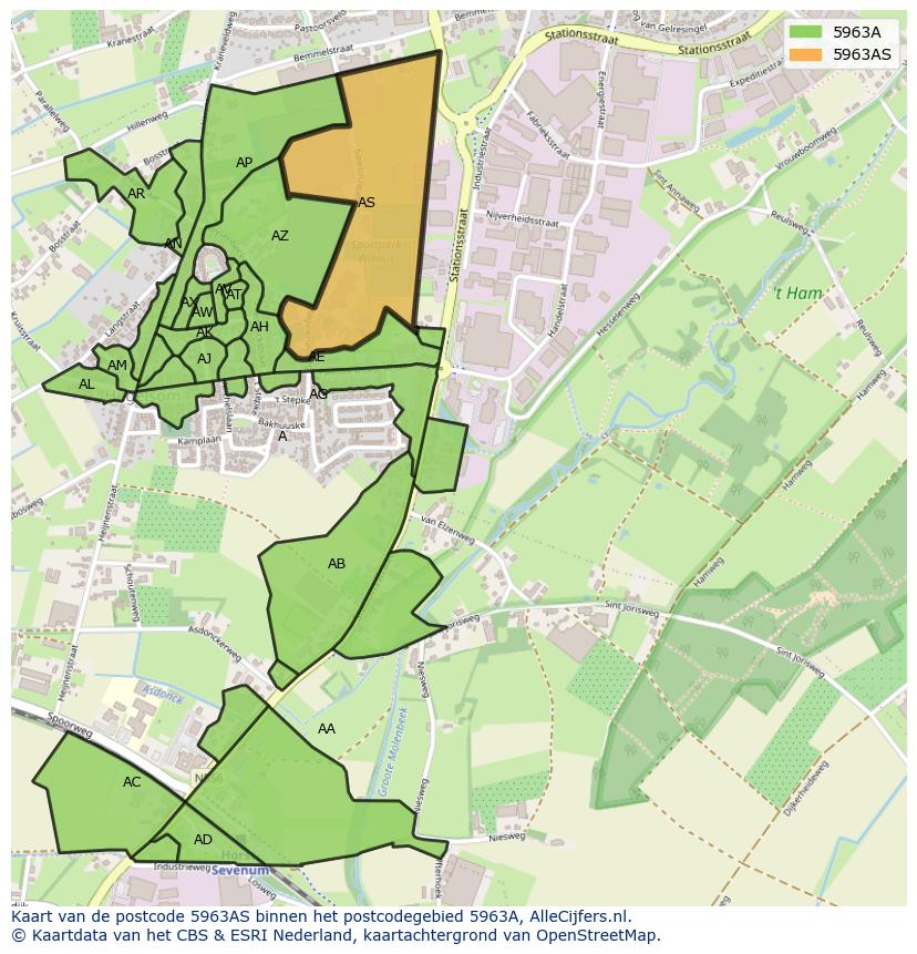 Afbeelding van het postcodegebied 5963 AS op de kaart.